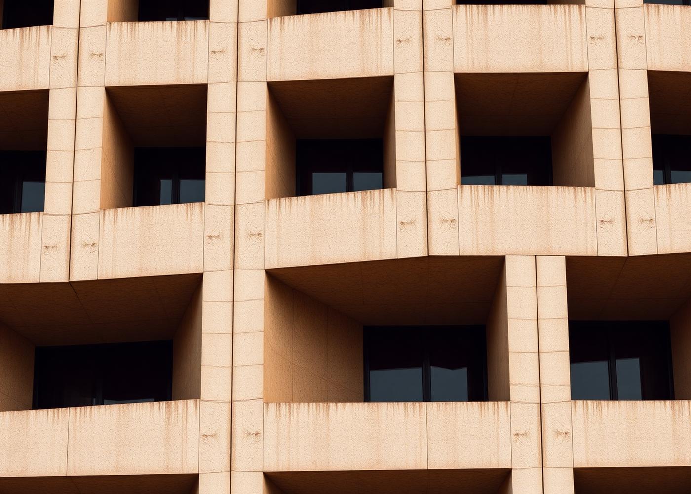 Warm-toned concrete grid facade, echoing the modular structure of well-designed systems.