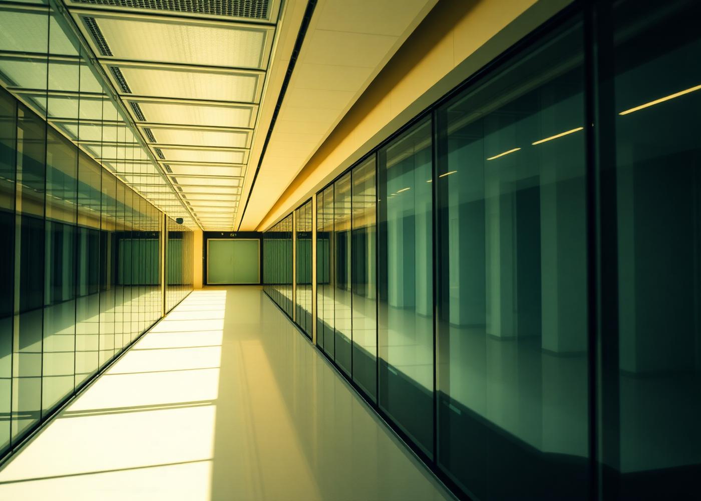 A long, glass-walled data-centre corridor bathed in warm interior light.