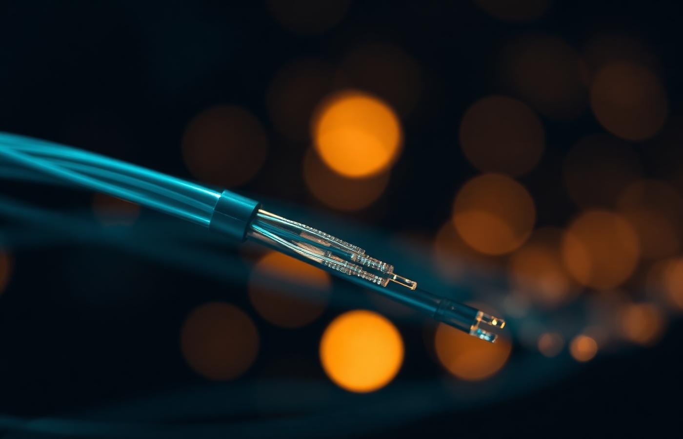 Fibre-optic cabling illuminated by amber light, evoking the data pathways behind modern software.