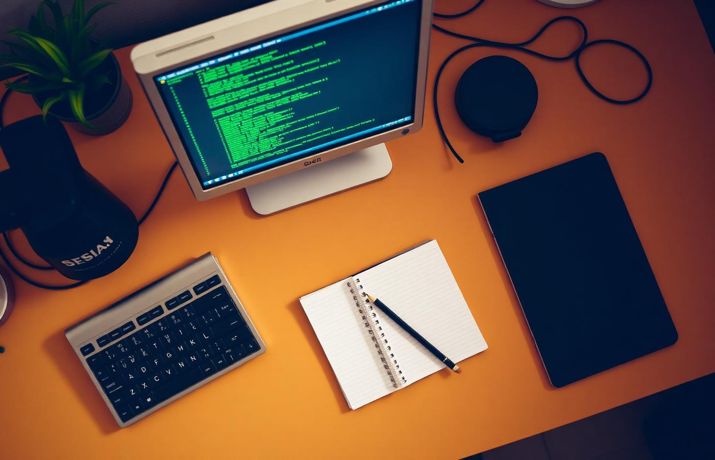 A developer's desk with code on screen, a mechanical keyboard and a paper notebook.